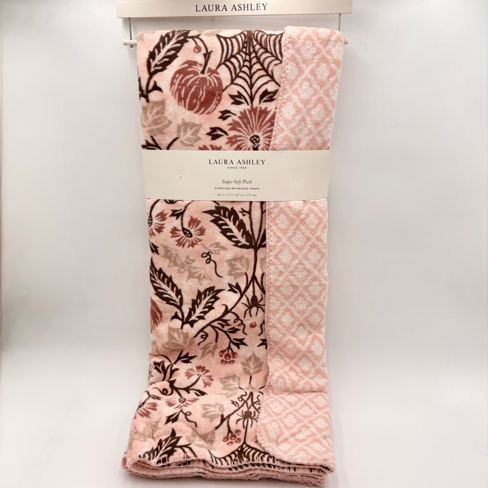 Laura Ashley Oversized Reversible Throw Blanket Pink Floral Halloween Spiders